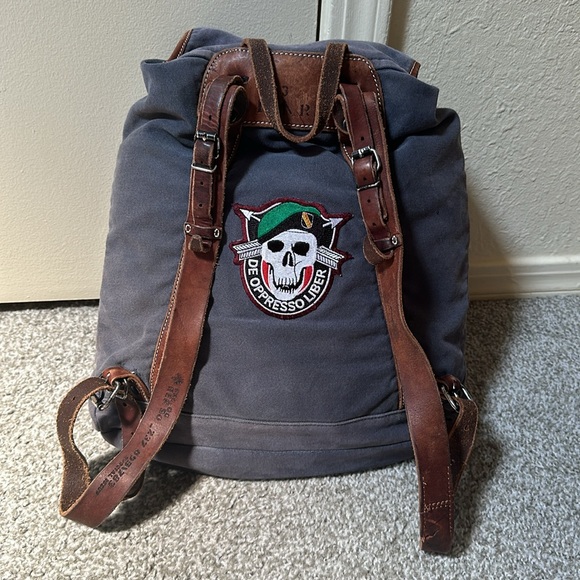 Polo Ralph Lauren RL Co Blue Canvas Brown Leather Backpack with Patches AS IS - Picture 7 of 16